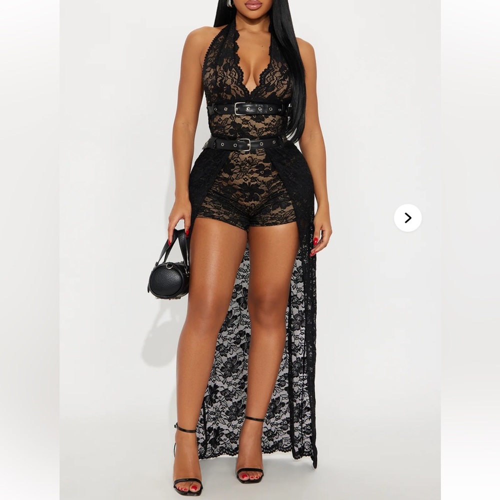 Fashion Nova Black Lace Romper with Nude Lining